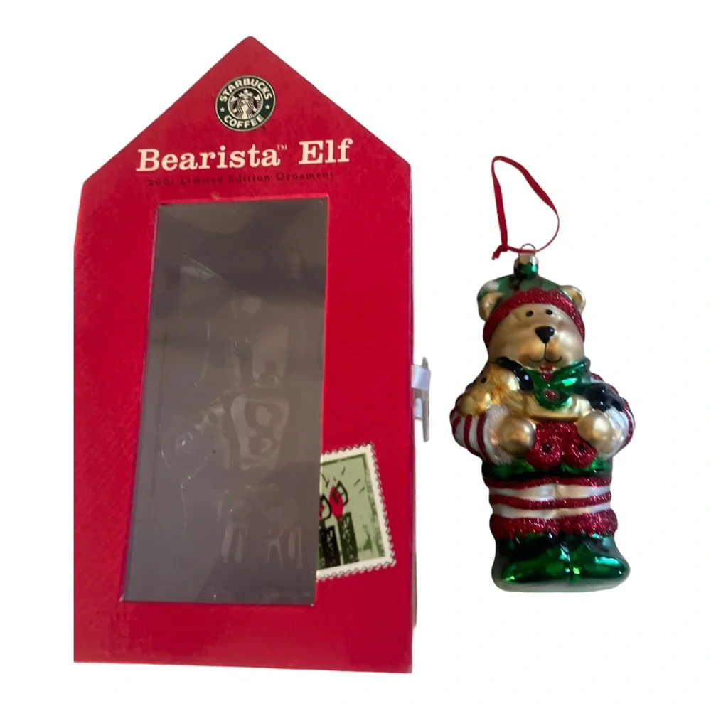 2001 Starbucks Bearista‎ Elf Ornament Glass Vintage Glitter Christmas With Box